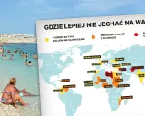 Mapa świata z zaznaczonymi krajami, gdzie odradzane są wakacje. W tle plaża z ludźmi. Szukasz fajnych miejsc na wakacje za granicą? Sprawdź, gdzie lepiej nie jechać.