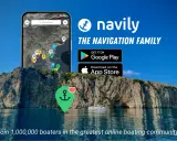 Application de navigation bateau Navily sur un smartphone, avec une carte marine affichant des points d'intérêt.