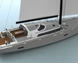 Voilier Boreal 70 moderne, avec une coque grise, un pont en teck et des voiles blanches déployées.