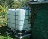 Installation récupérateur eau de pluie : un grand réservoir blanc relié à une gouttière, à côté d'une cabane verte envahie par le lierre.
