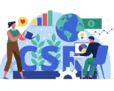 Kobieta podlewa rośliny, symbolizując troskę o przyszłość. Obok mężczyzna analizuje dane na komputerze. To ilustracja pokazująca, czym jest CSR – odpowiedzialność społeczna biznesu.