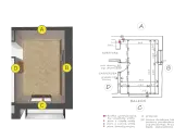 Plan mieszkania z oznaczeniami A, B, C, D. Schemat instalacji z wymiarami i opisami, uwzględniający minimalna grubość ściany nośnej.
