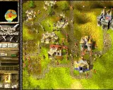 Gra Knights and Merchants: rycerze i kupcy budują zamki, walczą i handlują na zielonych wzgórzach.