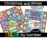 Addizioni e sottrazioni disegni da colorare con operazioni matematiche. Un albero di Natale e un pupazzo di neve composti da sezioni numerate per esercitarsi con i calcoli.