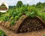 Hügelkultur : permaculture pour les nuls. Un monticule de terre et de bois, couvert de légumes variés, illustre les couches d'un jardin durable.