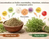 Tisane de thym : le thym frais et séché regorgent de vitamines, minéraux et flavonoïdes, essentiels pour la santé.