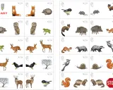 Waldtiere Vorlage zum Ausdrucken: Füchse, Igel, Eulen, Frösche, Hasen, Rehe, Wildschweine, Marder, Dachse, Eichhörnchen, Schnecken, Mäuse, Vögel, Hirsche, Bäume im Schnee.