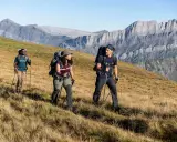 Trzy osoby z plecakami i kijkami trekkingowymi idące po trawiastym zboczu górskim.
