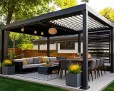 Nowoczesna pergola z miejscem do wypoczynku i jadalnią. Inspiracja, jak zrobic pergole, by stworzyć stylową przestrzeń na świeżym powietrzu.