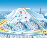 Karta över skidområden i Sverige med pister märkta Vemdalen, Sälen, Trysil och Åre. En snöpark finns på toppen.