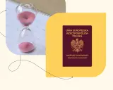Klepsydra i paszport tymczasowy na tle kalendarza symbolizują upływający czas i potrzebę pilnego dokumentu.