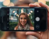 Una mujer sonríe mientras se toma un selfie. El fondo desenfocado con luces crea un efecto bokeh que es.