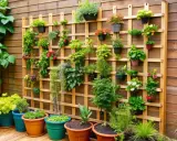 Un hermoso jardín vertical DIY con muchas plantas verdes y flores rojas y amarillas en macetas de colores, colgadas en una estructura de madera.