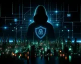 Silhouettenfigur mit Kapuze und einem Schild mit Schloss-Symbol, über einer futuristischen Stadt. Das Bild illustriert, was sind Hacker und die digitale Welt.
