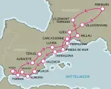 Karte zeigt eine Route für Motorradtouren Spanien, von Freiburg über Frankreich nach Spanien, mit Stopps in Valencia, Murcia und Almeria.