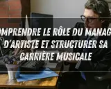Un homme d'affaires, un agent musique, ajuste une console de mixage, prêt à structurer une carrière.