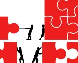 Dzieci i młodzież z generacji Z łączą czerwone elementy układanki, symbolizując współpracę i budowanie przyszłości.