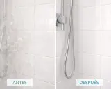 Comparativa de azulejos de baño: antes con cal incrustada y después, limpios y brillantes. Aprende como quitar la cal de los azulejos del baño.
