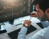 Un trader regarde sa montre, un chronophage qui le rappelle à l'ordre face aux graphiques boursiers.