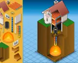 Schéma d'une maison avec une pompe à chaleur géothermique. Le système utilise la chaleur du sol pour chauffer la maison, illustrant le cycle de l'énergie.