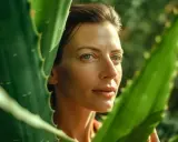 Donna con pelle luminosa tra foglie di aloe vera, un esempio di come applicare aloe vera sulla pelle per un effetto naturale e rinfrescante.
