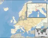 Mapa Europy z zaznaczonym przybliżeniem na Lazurowe Wybrzeże, gdzie jest Monako. Czerwony okrąg wskazuje jego lokalizację.