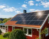 Rött hus med solceller på taket, en solig dag i Sverige. Huawei solceller fångar solens energi.