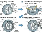 Instructions pour dégongfler, démonter, remonter et gonfler un pneu de trottinette avec un manomètre.