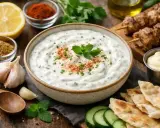 Un bol de sauce blanche kebab crémeuse, garnie d'herbes fraîches et d'épices. À côté, des brochettes de viande, du pain pita et des concombres.