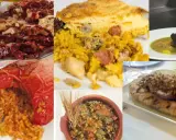 Collage de platos que representan la comida típica de Alicante: arroz con carne, pimientos rellenos, guiso y más.