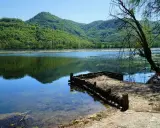 Un pontile in legno sul lago di Fimon, circondato da colline verdi e alberi.
