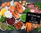 Bogactwo produktów zawierających witaminę B3 (niacynę): łosoś, wątróbka, mięso, jajka, orzechy, groszek, dynia, marchew, pomidory, cytryna, pomarańcza, pieczywo.