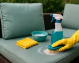 Guante amarillo cepilla cojín con espuma. Kit de limpieza: botella spray, bol con jabón, paño amarillo. Aprende como lavar cojines en lavadora.
