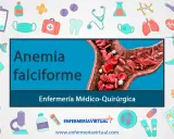 Anemia falciforme: glóbulos rojos con forma de hoz bloquean el flujo sanguíneo. Ilustración médica con iconos de salud.