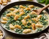 Eine cremige Gnocchi-Pfanne mit Spinat und geriebenem Käse, garniert mit Zitronenschale und Pfeffer. Ein köstliches Gericht, das zum Genießen einlädt.