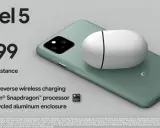 Google Pixel 5 w kolorze zielonym, z białymi słuchawkami na obudowie. Cena $699, wodoodporność, 8GB RAM.