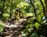 Kolarz MTB w żółtym stroju zjeżdża po kamienistym szlaku. Zastanawiasz się, jaka średnia prędkość na rowerze MTB na takim terenie?