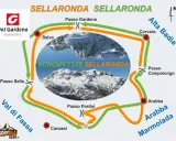 Trasa narciarska Sellaronda w Val Gardena. Mapa z zaznaczonymi przełęczami: Gardena, Sella, Pordoi, Campolongo, Corvara, Arabba.