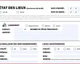 Formulaire d'état des lieux de sortie pour un logement, incluant les détails du locataire et du propriétaire.