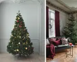 Två julgranar, en i ett modernt rum och en i ett klassiskt vardagsrum, redo att dekorera julgran.