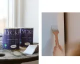 Måla gammalt skåp med ljusblå snickeri- och lackfärg från Lycke. En pensel drar ett jämnt lager färg.
