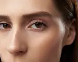 Maquillaje sutil realza unos preciosos ojos marrones, con pestañas definidas y un toque de brillo en los párpados.