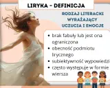Liryka – rodzaj literacki wyrażający uczucia i emocje, często w formie wiersza. Obraz przedstawia tańczącą kobietę, symbolizującą wolność i ekspresję.