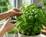 Coup de ciseaux pour récolter des feuilles fraîches d'un basilic en pot luxuriant, prêt à parfumer vos plats.