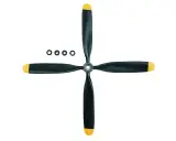 Vierblättriger Propeller mit gelben Spitzen, bereit für den Einbau in einen blf Motor. Vier kleine Ringe liegen daneben.