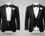 Two tuxedos shown. Left: tuxedo with cummerbund. Right: tuxedo with vest, demonstrating how to wear a tuxedo vest.