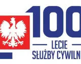 Logo z białym orłem na czerwonym tle, cyfrą 100 i napisem "LECIE SŁUŻBY CYWILNEJ".