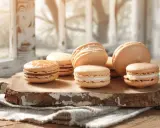 Douceurs de Pâques : des macarons aux teintes pastel, garnissent une planche en bois rustique, baignés d'une lumière douce.