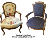 Deux fauteuils cabriolets, l'un fleuri, l'autre bleu. Apprenez comment reconnaitre un fauteuil Louis XVI d'époque par ses lignes épurées.