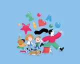 Bambini e un adulto corrono felici con palloncini e simboli di apprendimento, un'allegra rappresentazione di metodologie didattiche inclusive.